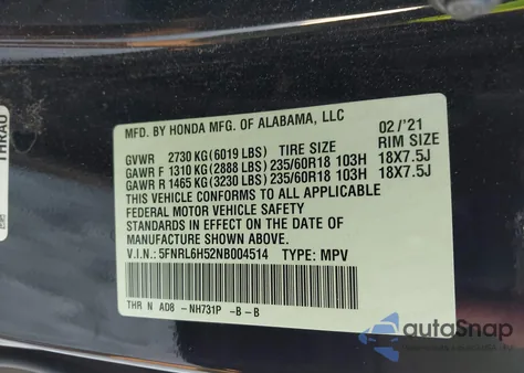 2022 Honda Odyssey Ex из США, поврежденный, VIN 5FNRL6H52NB004514